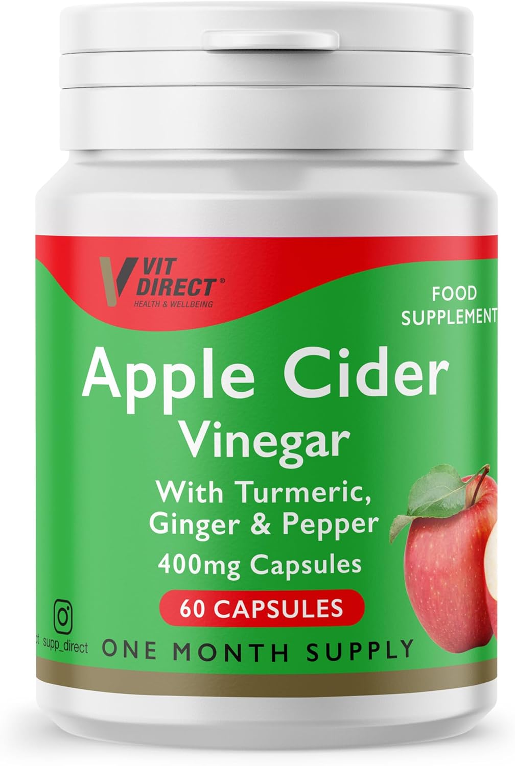 Vit Direct - Apple Cider Vinegar Capsules - 60 Capsules - 400mg - with Turmeric, Ginger & Pepper - Daily Supplement - One Month Supply - Easy to Take - Ideal for Gut Health & Digestion