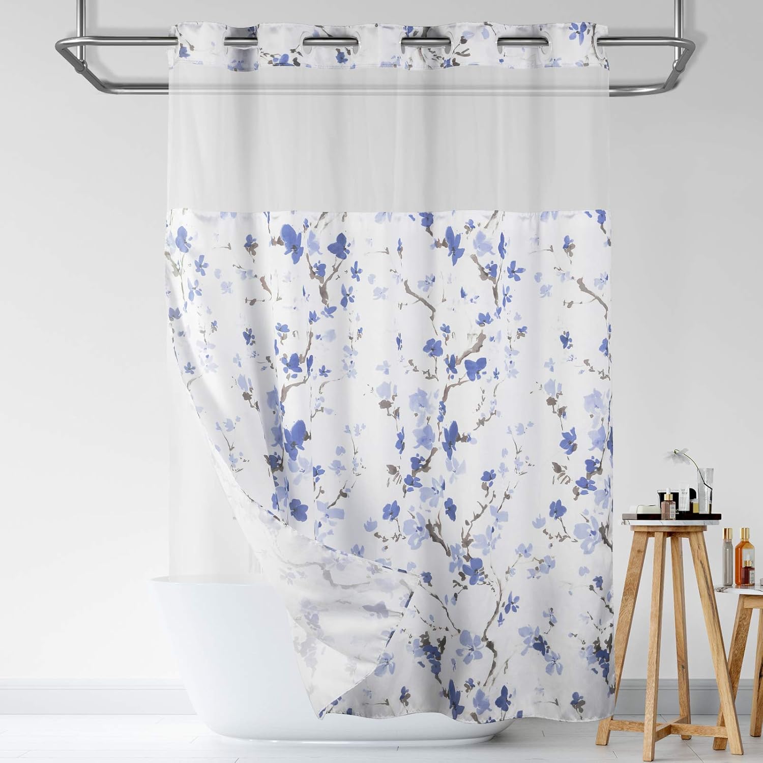 Lagute SnapHook Hook Free Shower Curtain with Snap-in Liner & See Through Top Window | Hotel Grade, Machine Washable | 71Wx74L, Blue Blossom