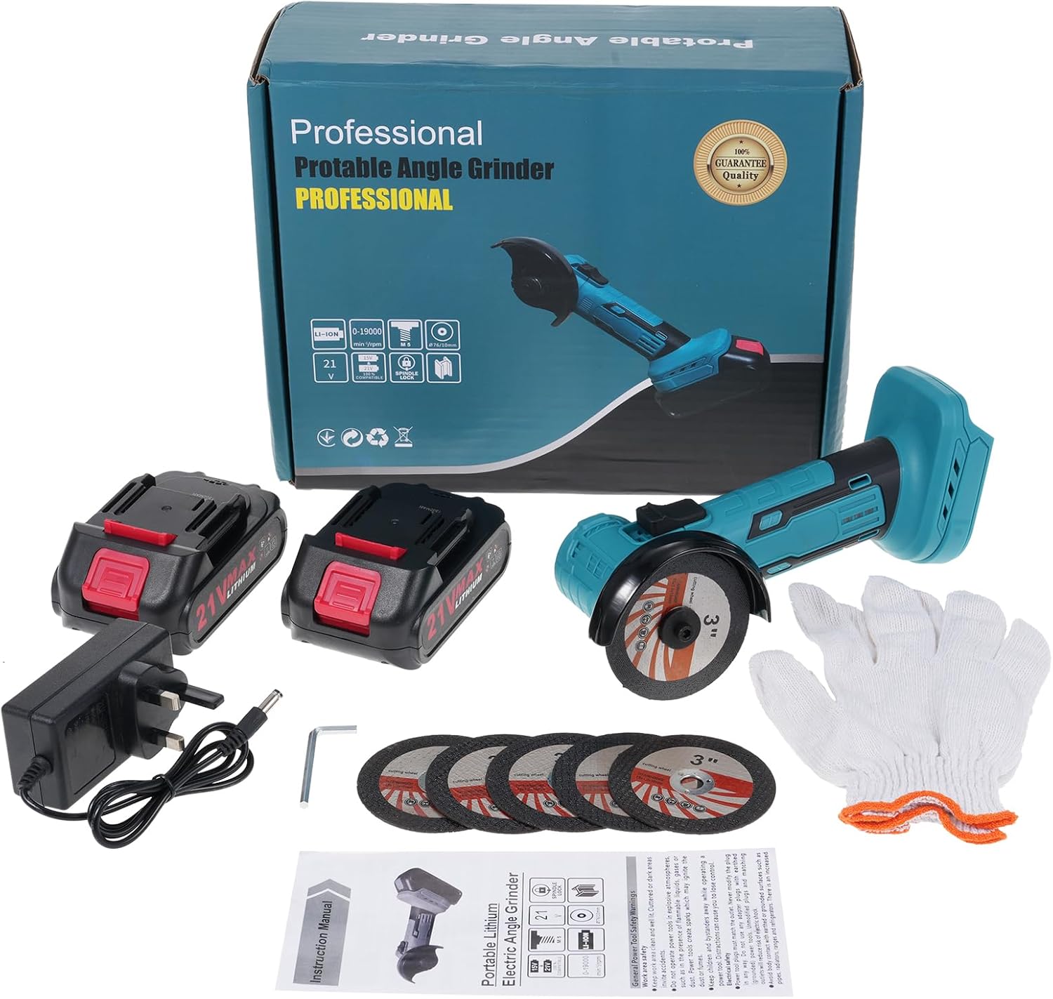 21V Cordless Angle Grinder Kit with 19000 RPM Brushless Electric Motor Power Angle Grinder Tools with 2 x 1300mAh Battery Charger for Cutting Griding Polishing
