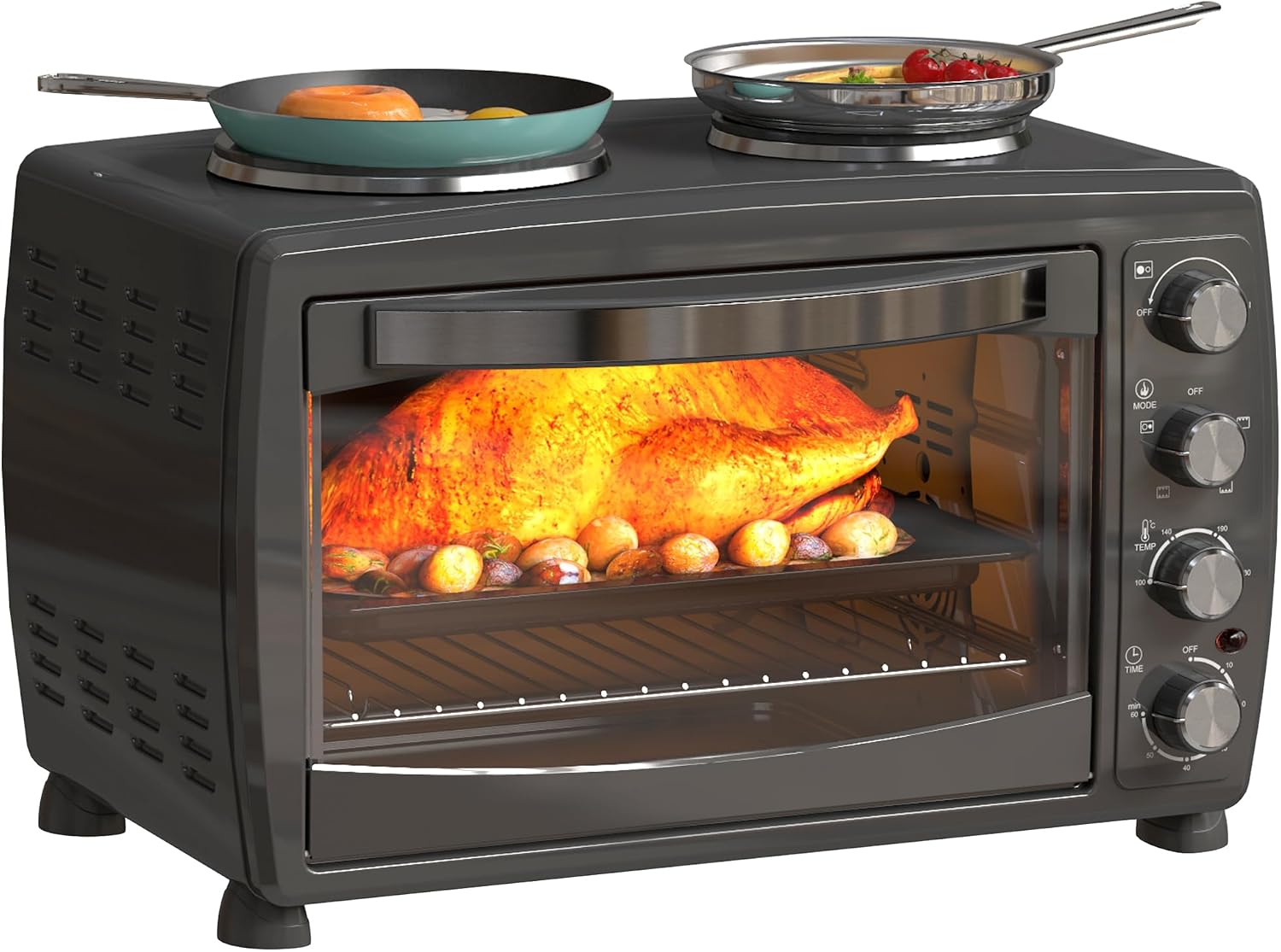 HOMCOM 36L Small Oven with 2 Hot Plates, Countertop Toaster Oven, Grill, Roast, Bake, Boil, with Timer, Adjustable Temperature, Electric Oven with Baking Tray, Grill Rack, Crumb Tray, 2600W, Black