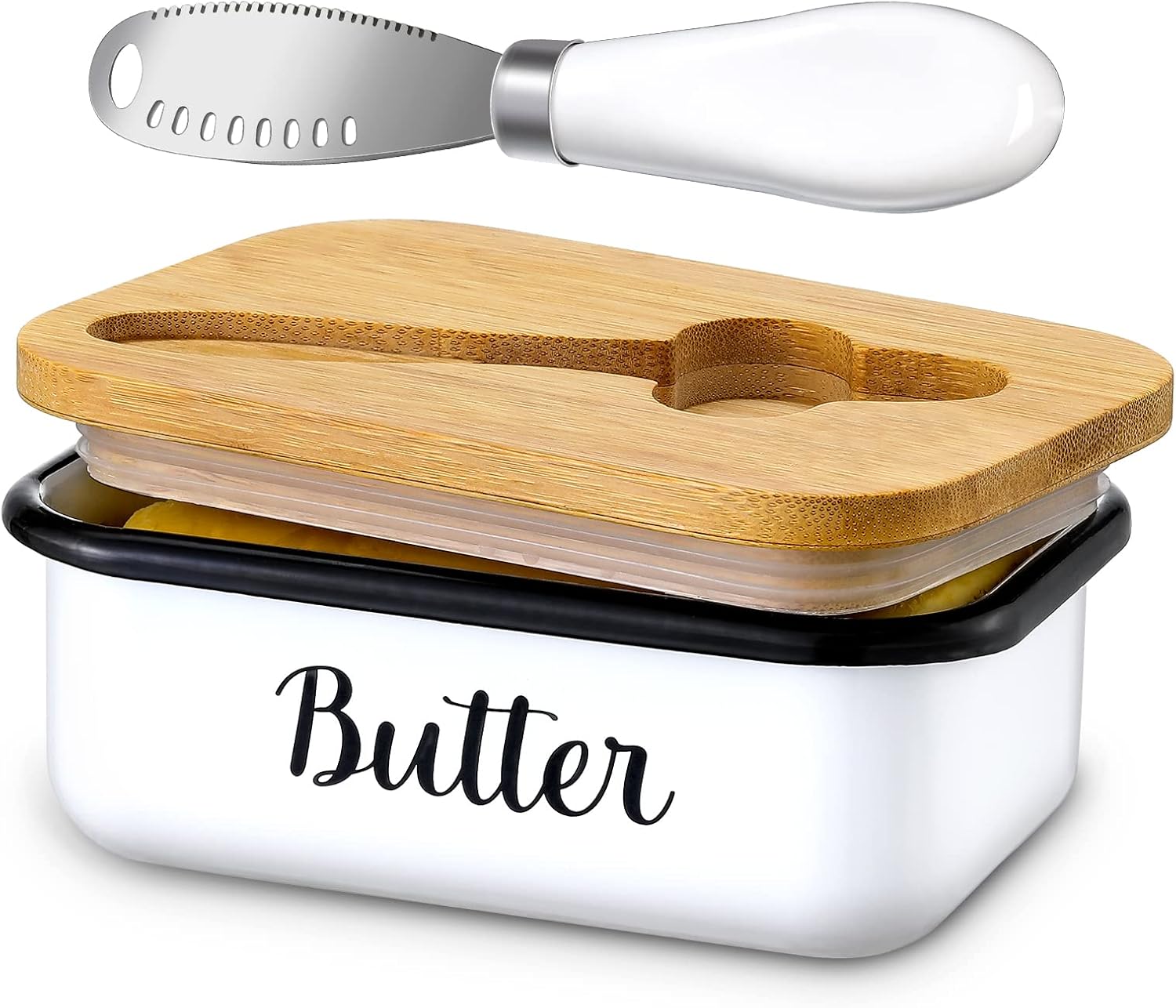LANDNEOO Butter Dish with Lid and Butter Curler Knife - Unbreakable Stainless Steel Container with Double Silicone Sealing, for Kitchen Farmhouse Decor