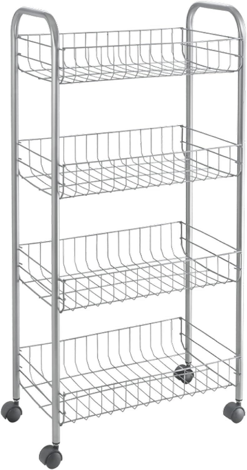 Metaltex Ascona 4-Tier Rolling Cart - Multipurpose Storage Cart for Home including Kitchen, Bathroom, Office and Garage – Polytherm Silver, 42 x 23 x 84 Centimetres