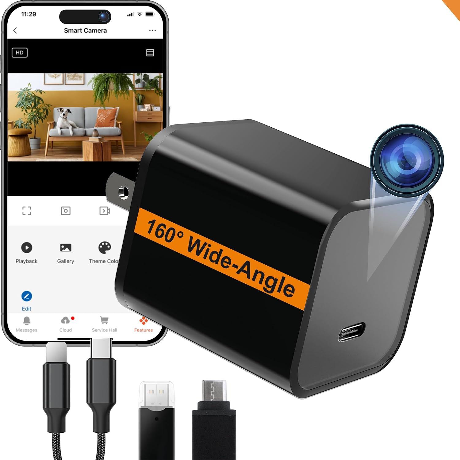 WiFi Smart Camera Charger - Remote View - 2.4G/5G WiFi - Premium HD 1080P - Best Mini Camera for Pets Nanny - Real Time Monitoring - Wide-Angle 160° - iOS Android
