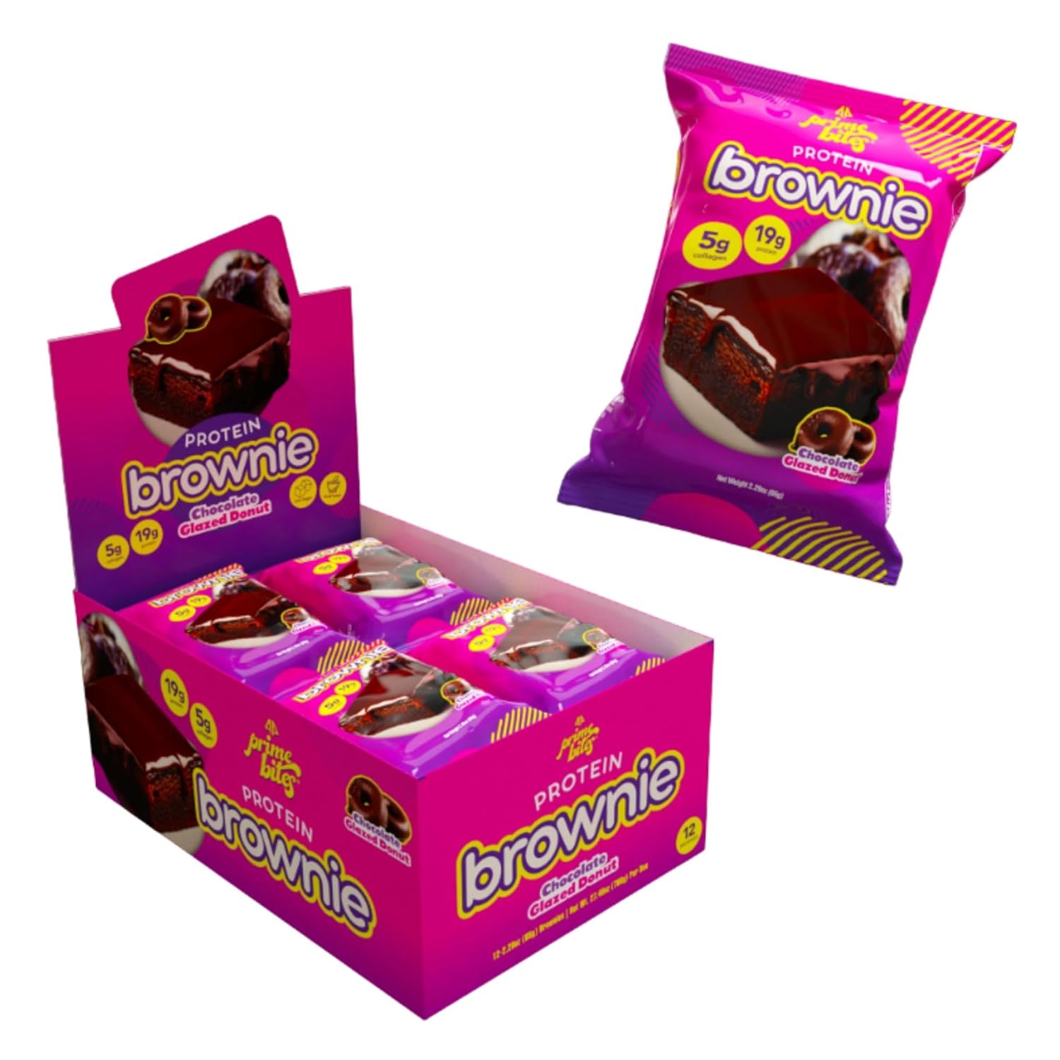 Prime Bites Protein Brownie from Alpha Prime Supplements | High Protein, Collagen Fortified Low Sugar Treat | Delicious Snack | 12 Bars per Box (Chocolate Glazed Donut)