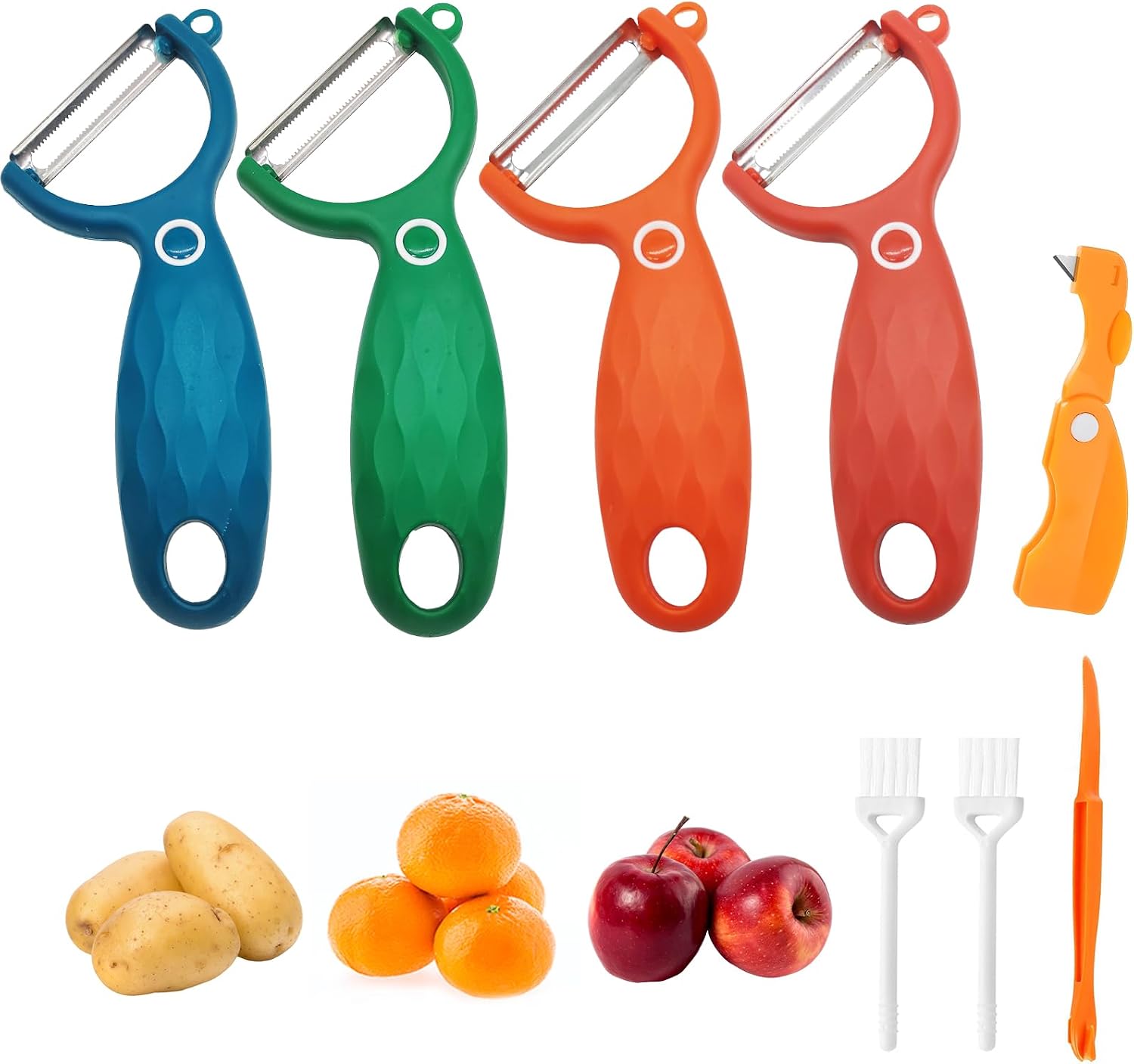 Trez Treamer 6PCS Vegetable Peelers with Fruit Knife for Kitchen,Y P Peelers Stainless Steel Potato Carrot Veggie Cucumber Apple Peeler with Orange Peeler Tool(4 Y +2 Orange Peelers, 2 Brushes)