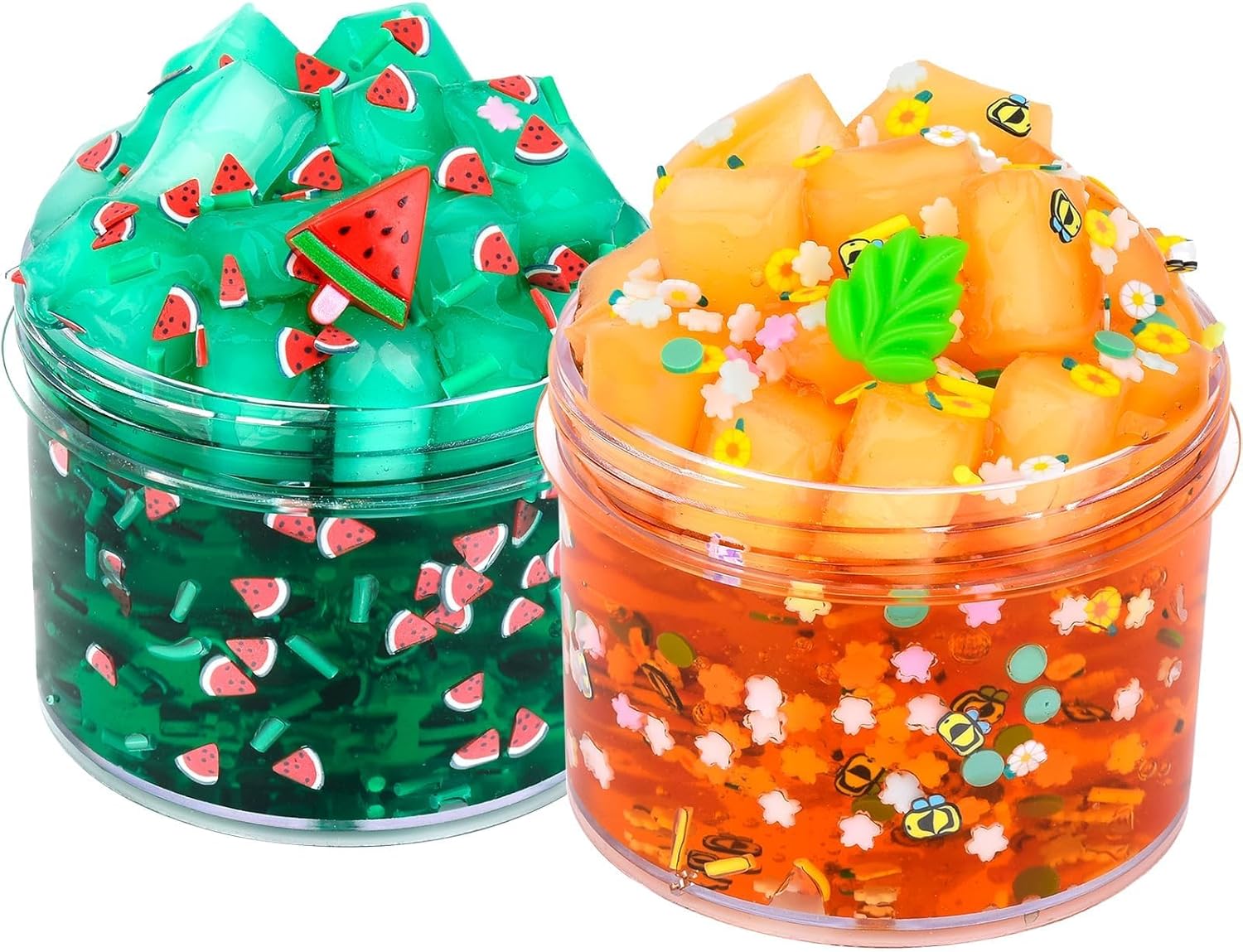 2 Pack Jelly Cube Crunchy Slime Kit with Leaves and Watermelon Charms Crystal Clear Slime Super Soft Putty Supplies Toys, Party Favors for Kids Valentine Slime for Girls Boys