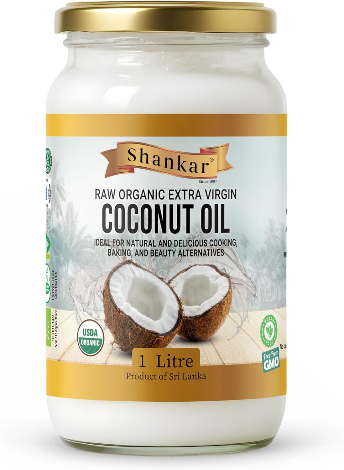 Shankar 100% Organic Coconut Oil 1L, Raw, Extra Virgin, Cold Pressed, Perfect for cooking, hair, and skin.