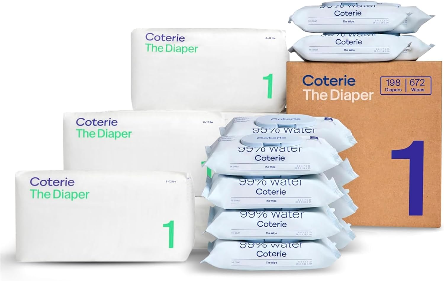 Coterie Baby Wipes + Diapers Kit, Size 1 Diapers, 12-Pack Wipes | Includes Size 1 diapers (198 ct), 12 pk (672 ct) wipes, 99% water, plant based, hypoallergenic for sensitive skin