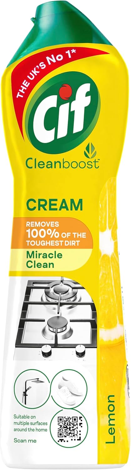 Cif Lemon Cream Cleaner multipurpose surface cleaner with 100% natural cleaning particles removes 100% of the toughest dirt 500 ml