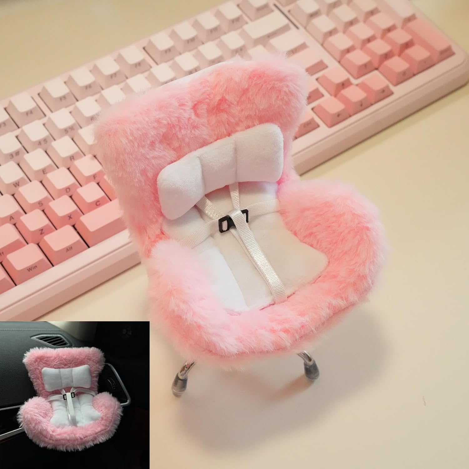 Doll Car Seat for Labubu 17cm with Air Vent Clip and Desktop Stand, Cute and Functional Car Ornament for Blind Box Doll Fans, Collectors (Pink)