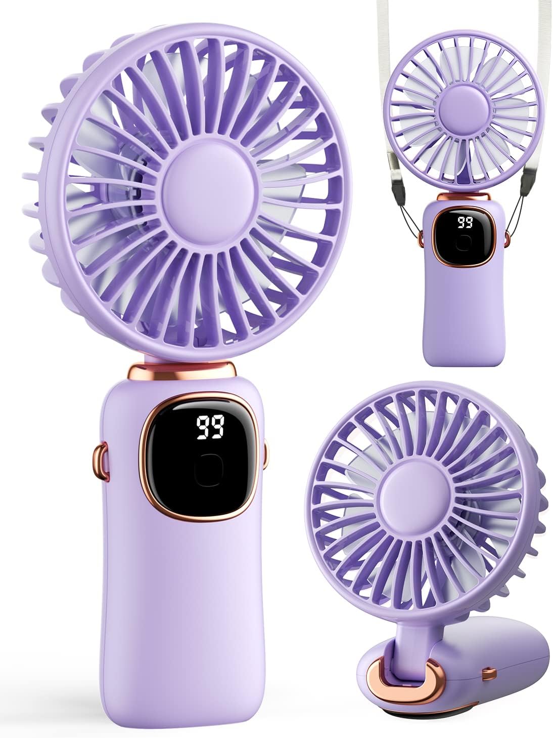 Portable Handheld Fan, 4000mAh Battery Operated 3 in 1 Multifunction Personal Travel Fans with Digital Display, 90ยฐ Foldable Desk Fan with Base, 5 Speed Lash Fan for Makeup/Commute/Office