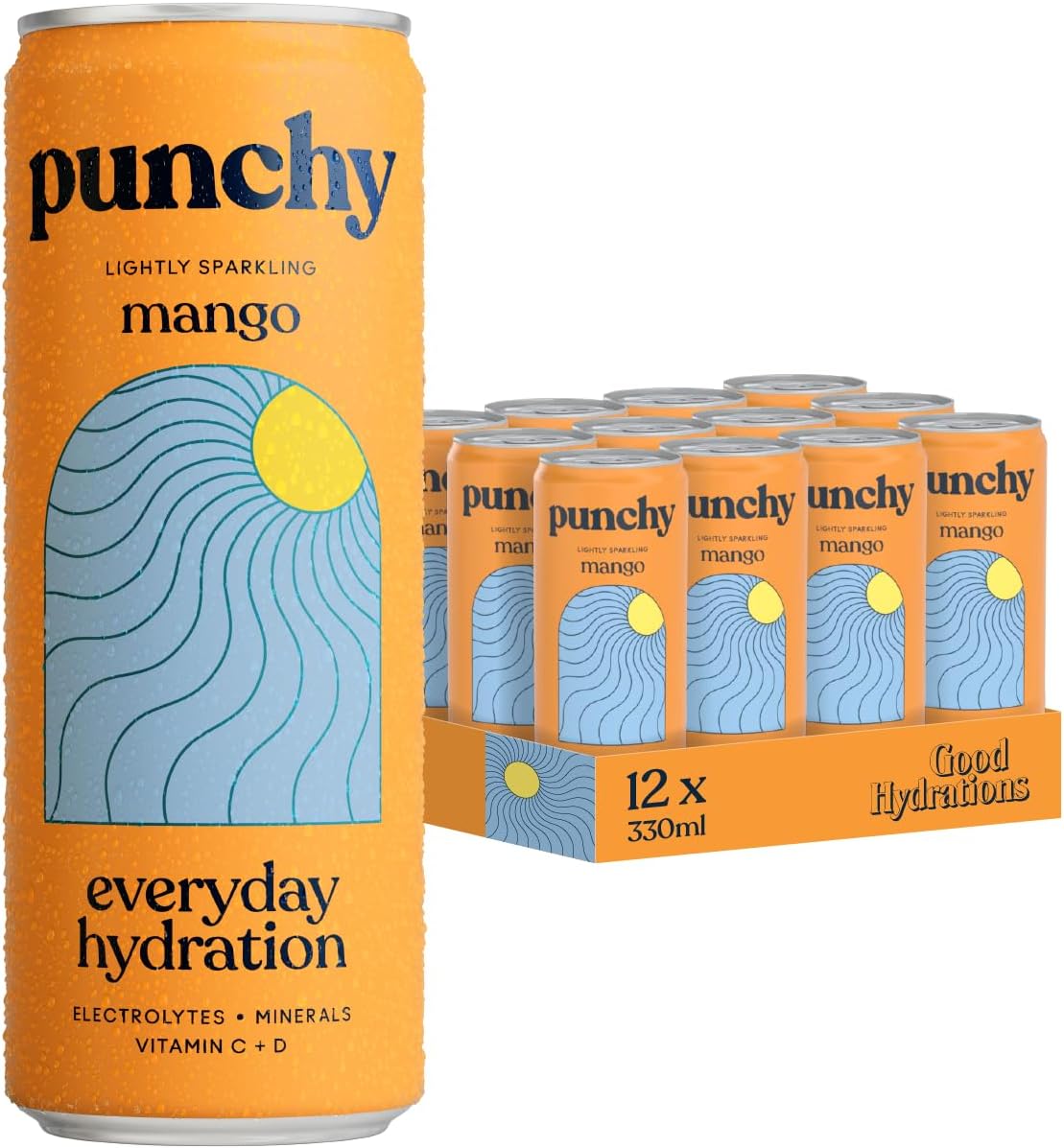 Punchy Drinks - Mango - Everyday Hydration, Lightly Sparkling, Essential Electrolytes, Minerals, Vitamins, Real Fruit, Supports Immunity, Caffeine Free, Aids Muscle Function, Low Calorie - 12 x 330ml