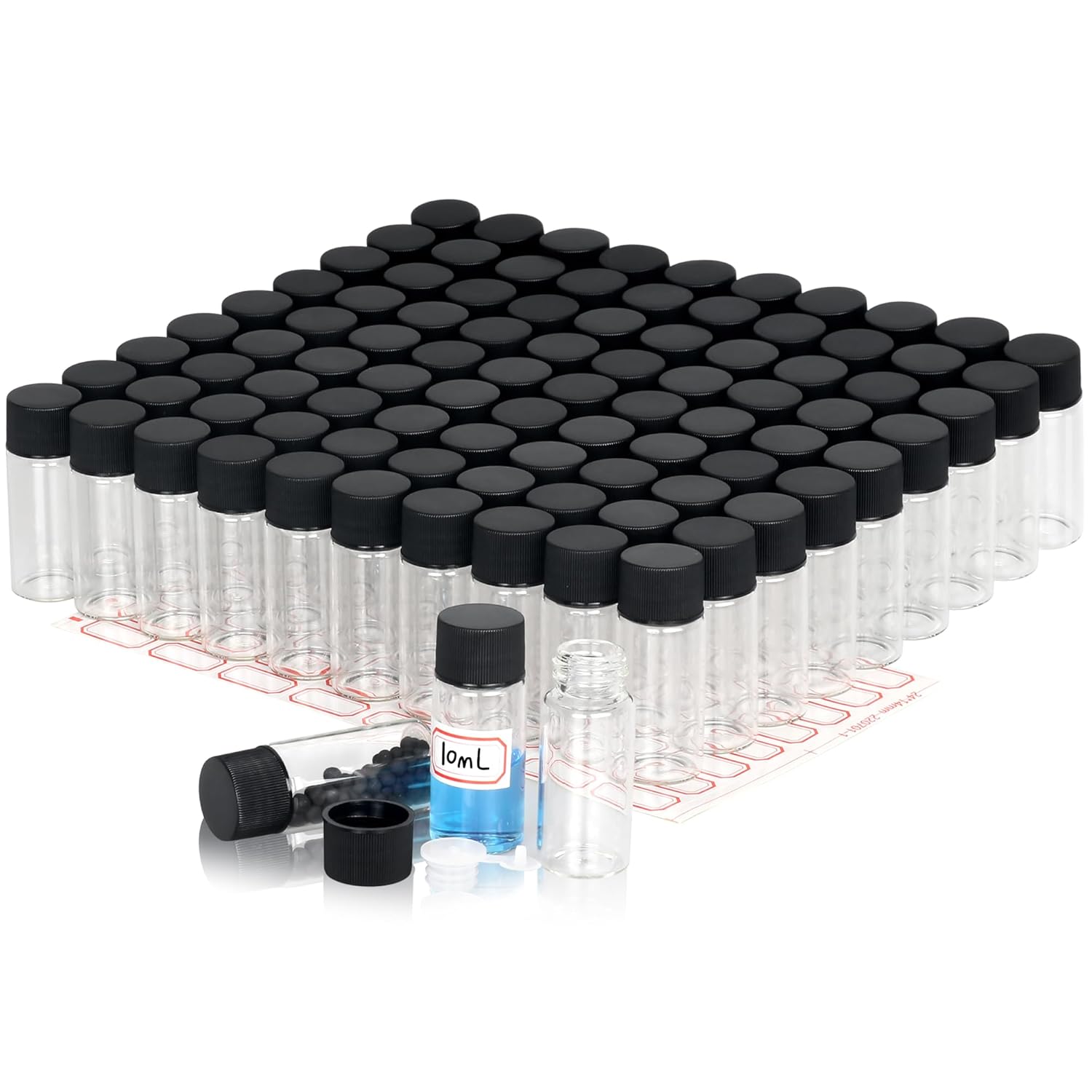 Alyoen 10ml Clear Glass Vials, 100 Pack Glass Vials with Screw Caps, Plastic Stoppers and Label Papers, Leak-Proof Small Glass Lab Vials, Liquid Sample Vials for Essential Oil, Reagent, Seeds