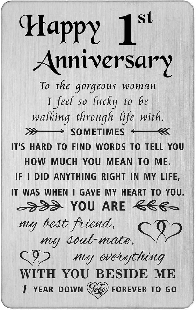 TANWIH 1 Year Anniversary Card Gifts for Girlfriend Wife, Happy First 1st Wedding Anniversary Cards for Women Her, Engraved Metal Wallet Insert