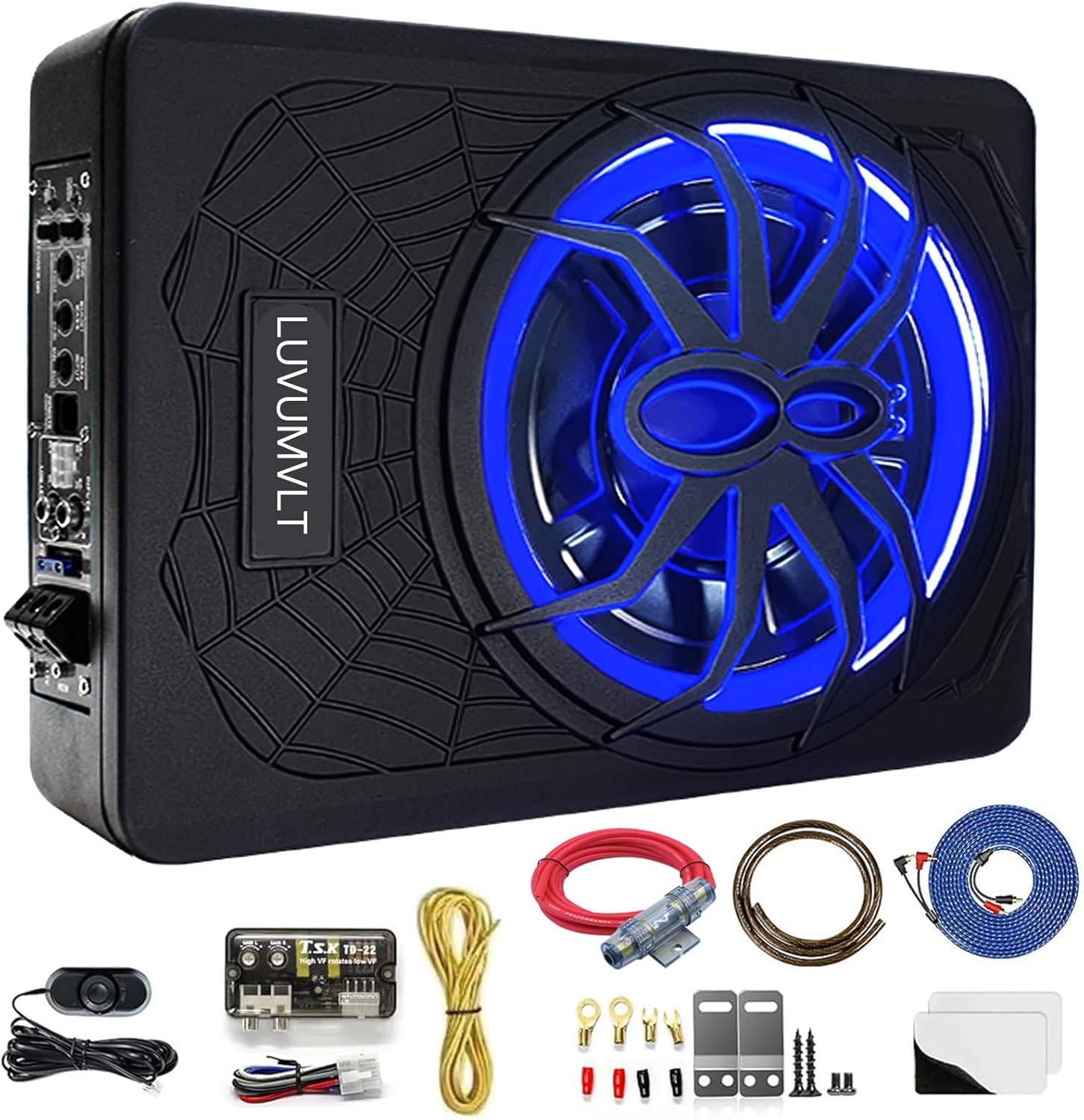 1200W 10" Car Subwoofer, Slim Under Seat Powered Subwoofer and Amp Package,High/Low Level Input, Car/Truck Audio Sub Built-in Amplifier amp Combo Package, with Blue LED Light
