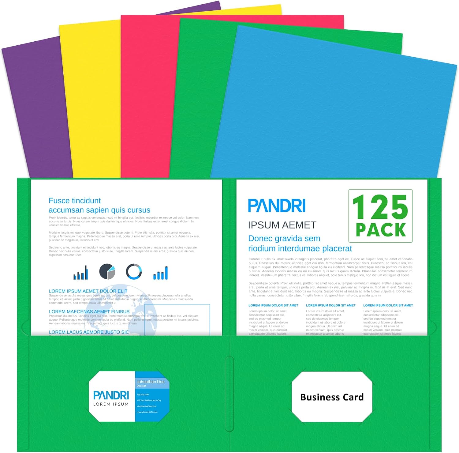 PANDRI Two Pocket Folders, Paper Folders with Pockets, 125 Pack, 5 Colors