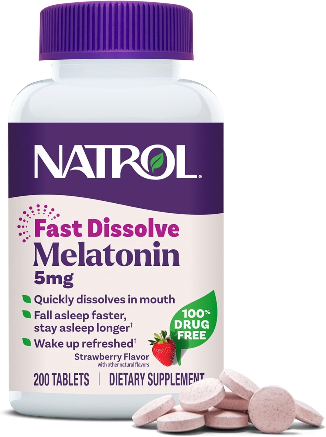 Natrol Melatonin 5 mg Fast Dissolve Tablets, Strawberry, 200 Count | Sleep Support for Adults, for Occasional Sleeplessness, No Water Needed, 100% Drug-Free, Non-Habit Forming