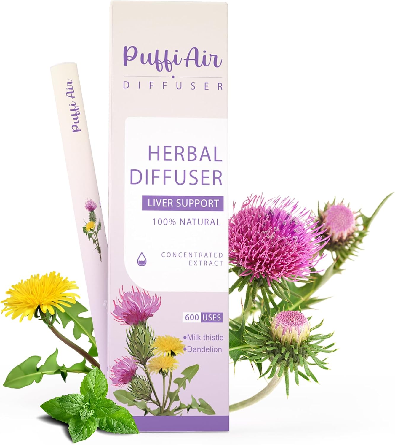 Puffiair Herbal Diffuser Pen, Dandelion Flavoured inhaler for Liver Cleanse, Habit Transition & Breathe Free, Natural Botanical Plant-Based Formula with Dandelion, Beet Root & Mint, Purple 600 Uses