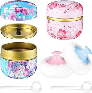 2 Pieces Body Powder Puff and Container, Soft Powder Puffs and 2 Pieces Spoon Loose Powder Tea Container Case Dusting Powder Boxes for Baby Women Home and Travel Use