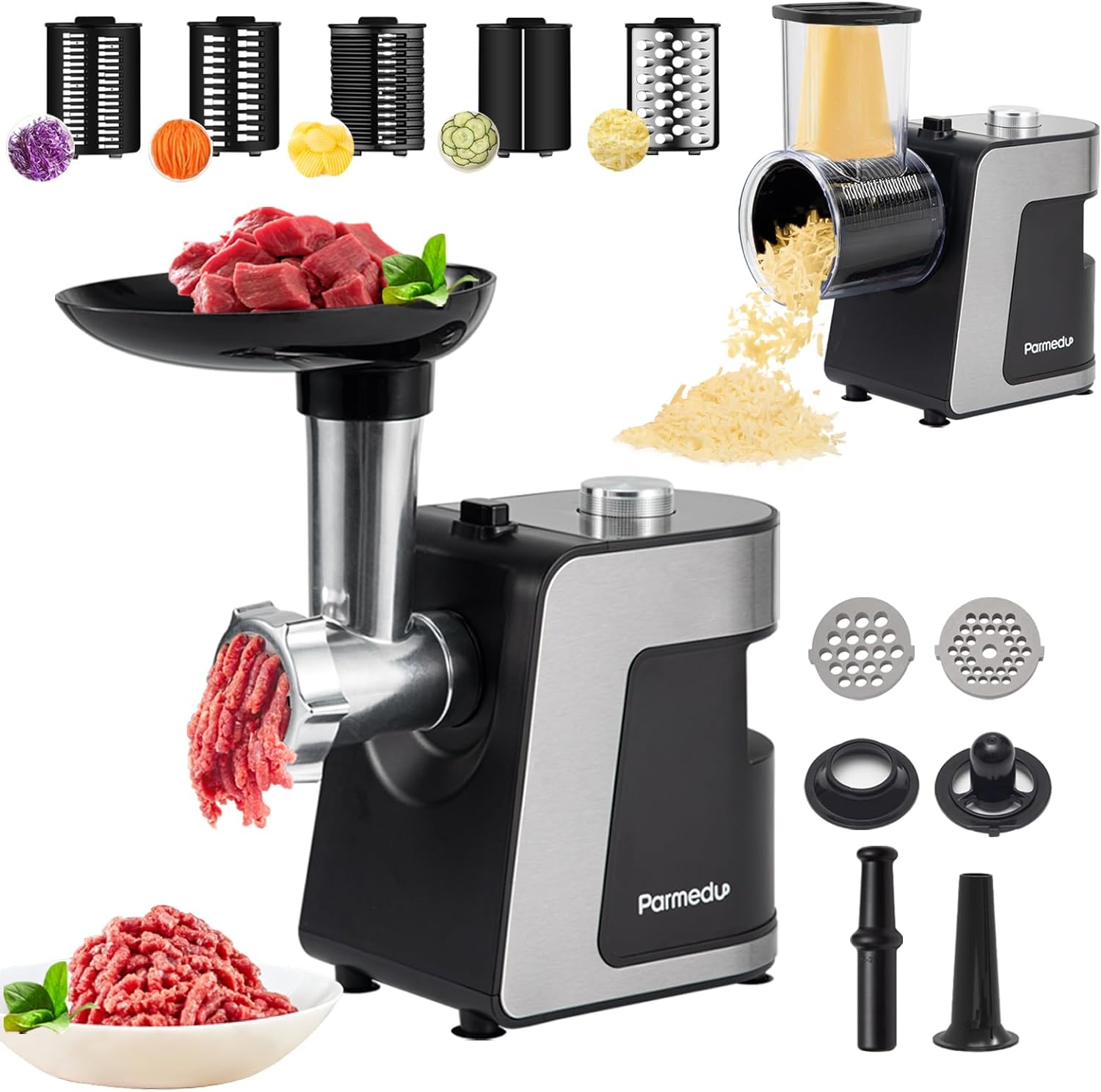 Parmedu Electric Cheese Grater & Meat Grinder: Electric Vegetable Cutter Electric Slicer Shredder Salad Maker - Professional Meat Mincer with 2 Plates, Sausage Maker & Kibbe Kit（Total 12 Attachments）