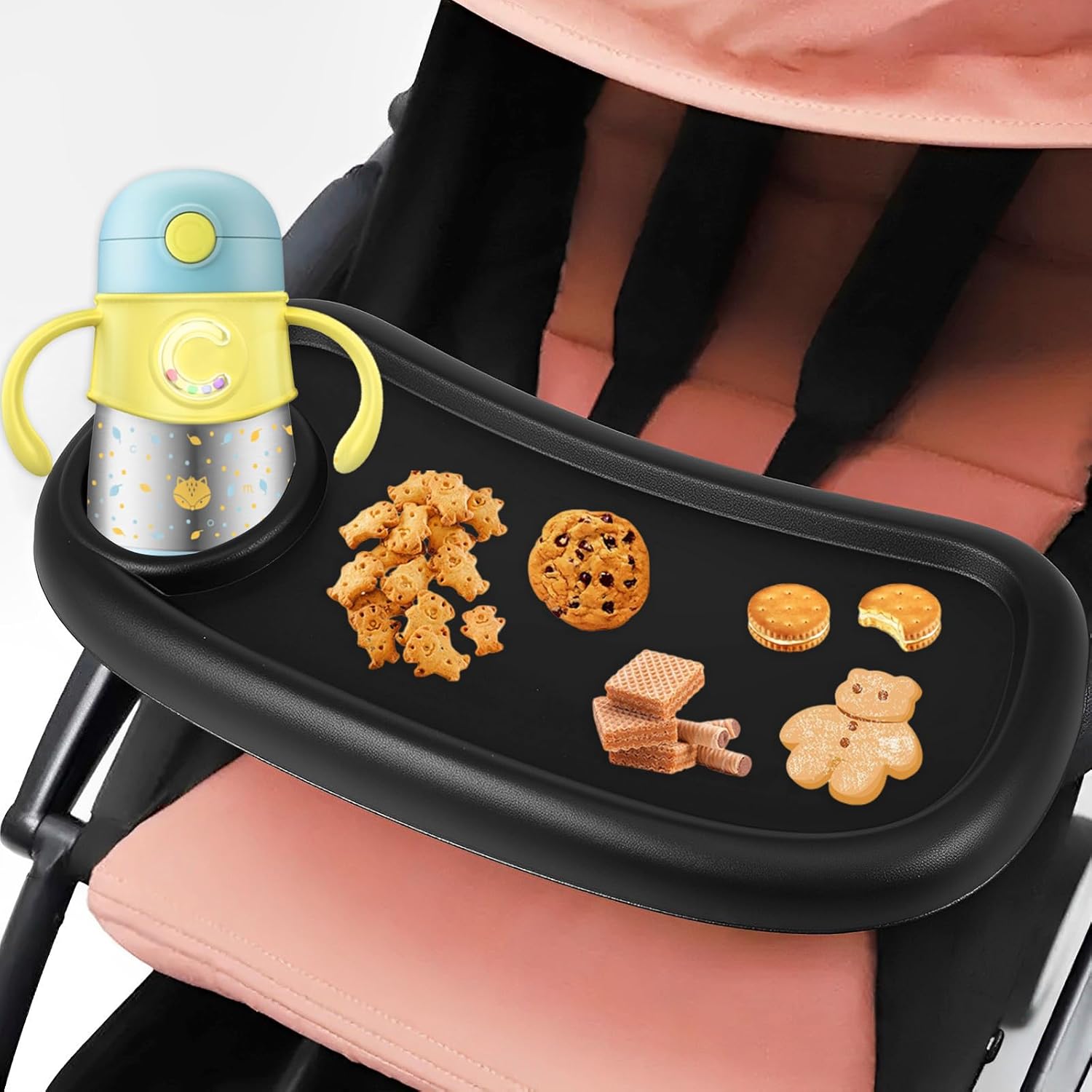 Stroller Snack Tray with Cup Holder Universal Stroller Food Tray Removable Baby Stroller Snack Tray with Adjustable Buckle and 2 Hooks Reusable Stroller Snacks Holder for Strollers