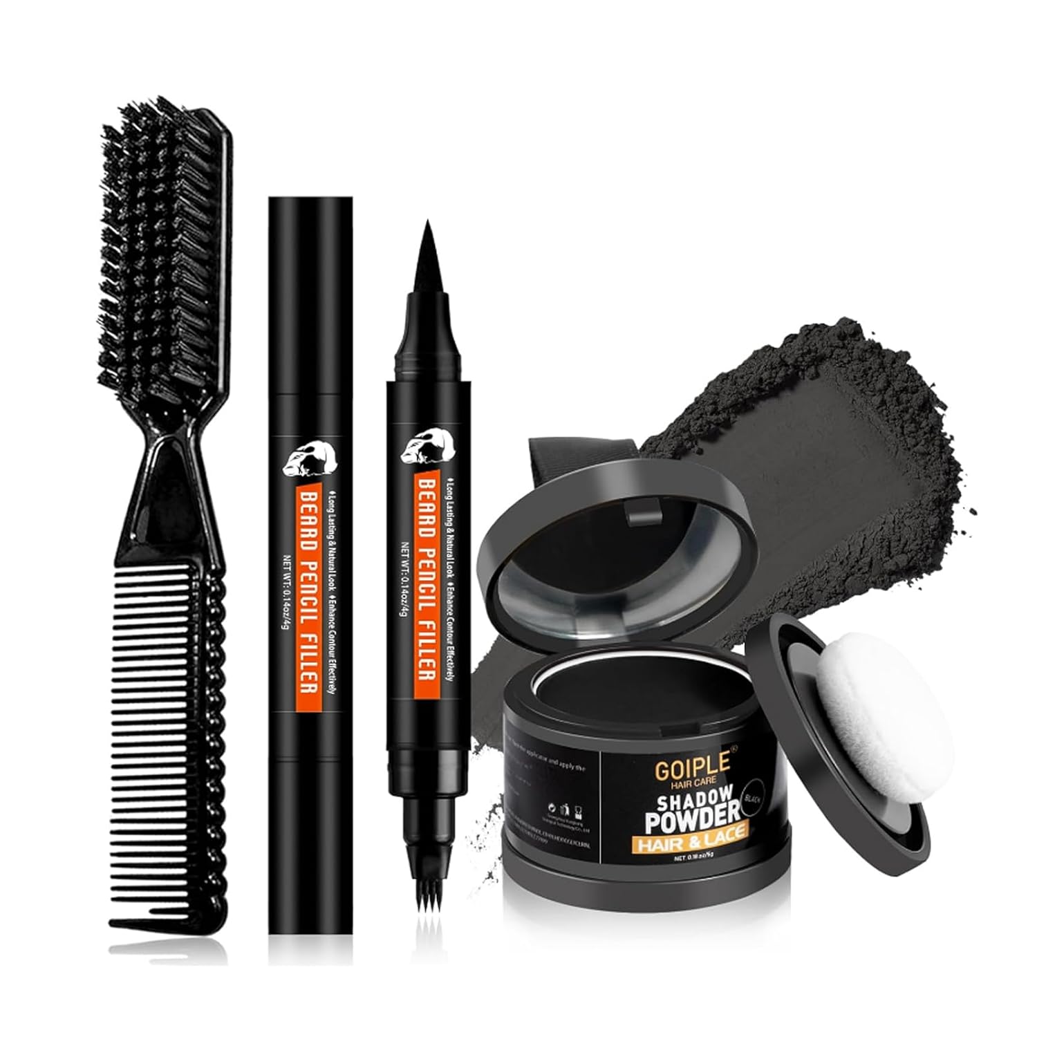 Beard Pencil Filler for Man Dual Ended Micro-Fork Tip Beard Filler - Beard Pen & Brush Long Lasting Coverage Natural Finish - Male Mustache Repair Shape Hairline Powder Root Touch Up Hair Color(Black)