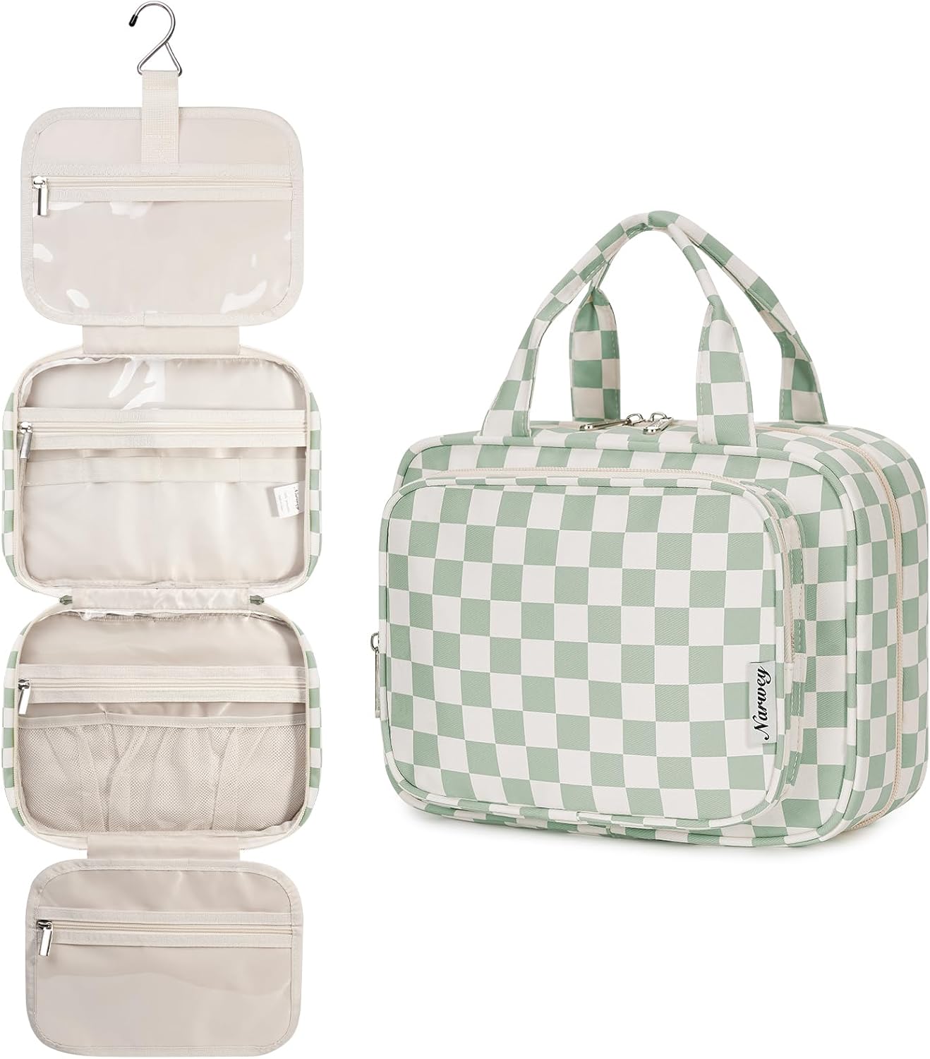 Narwey Checkered Hanging Travel Toiletry Bag for Women Wash Bag Cosmetics Makeup Bag Organizer for Travel Size Accessories(Checkerboard Mint Green (Medium))