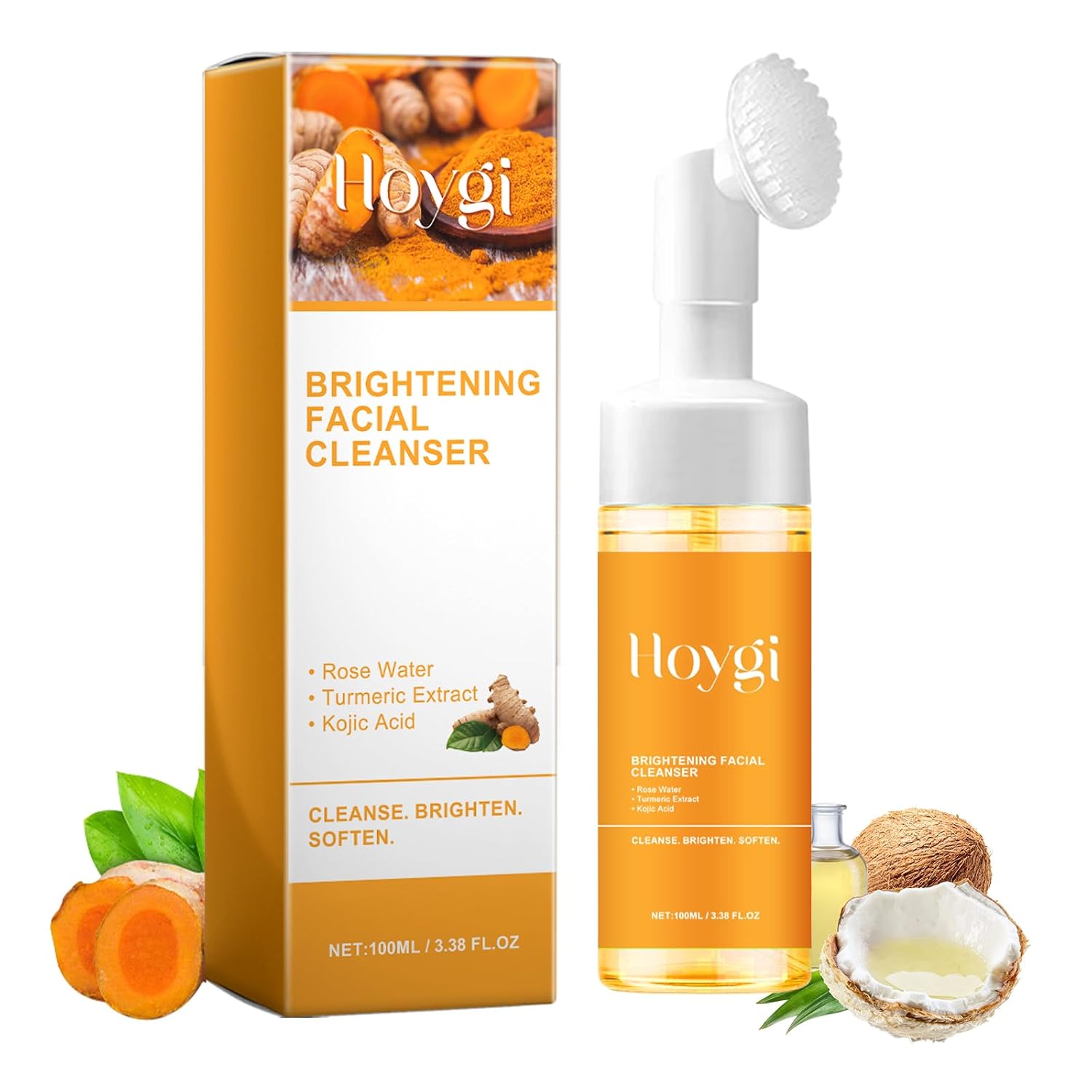 Turmeric Face Wash with Brush, Turmeric Foaming Facial Cleanser for All Skin, 3.38 Fl Oz/pcs