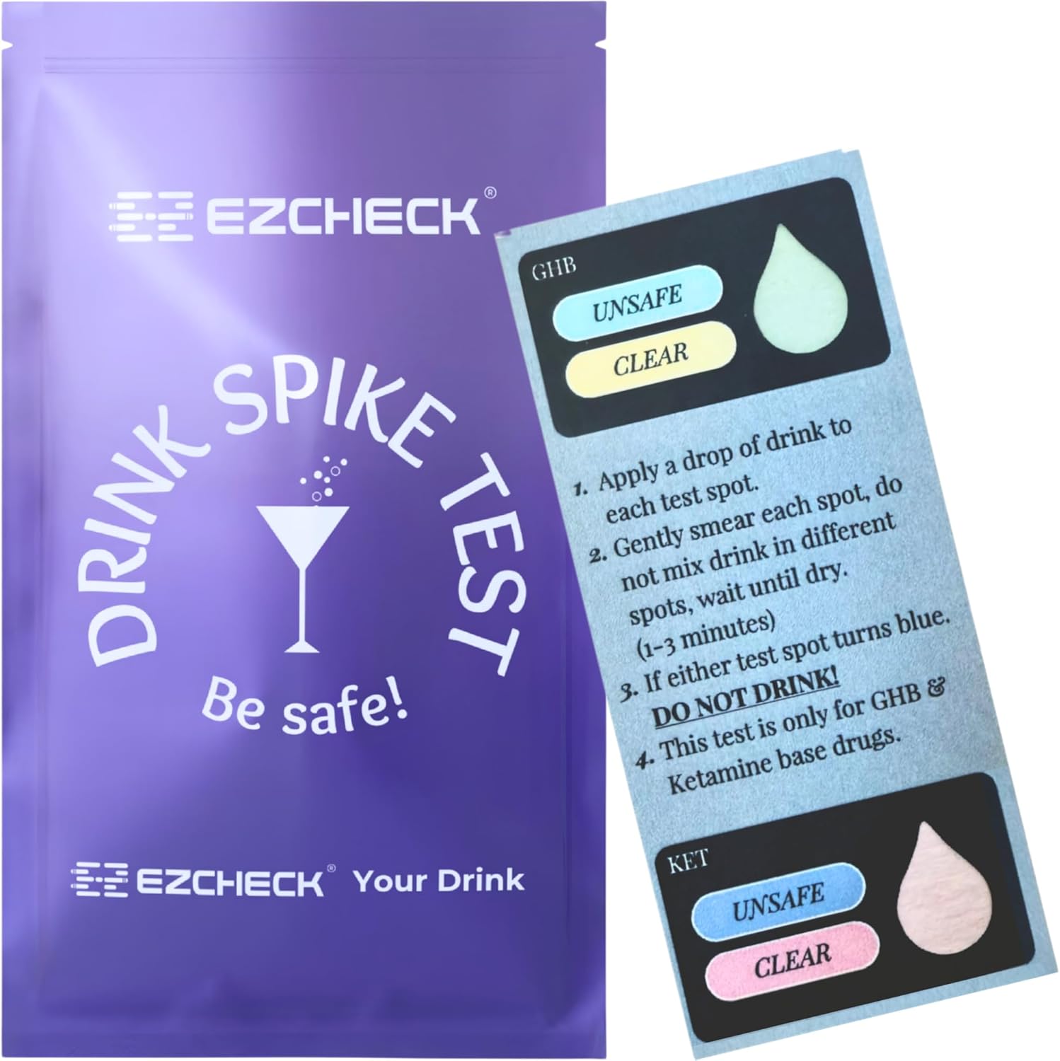 [10 Tests] EZCHECK® Drink Spiking Test Strip, Escape Drink Spiking, Detect GHB & Ketamine Using The Personal Test Strips, Portable Personal Safety Kit for Bars, Clubs, and Parties