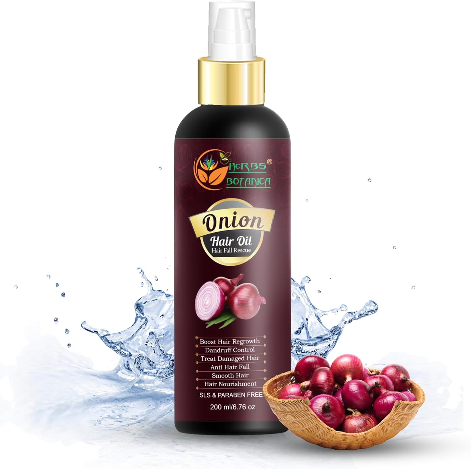 HERBS BOTANICA Red Onion Hair Oil with Black Seed Oil, Jojoba, Argan, Tea Tree, Sandalwood, Rose - Hair Growth Essentials and Hair Loss Control, 6.76 fl oz
