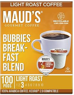 Maud's Breakfast Blend Coffee Pods, 100 ct - Bubbies Breakfast Blend - 100% Arabica Light Roast Coffee, Solar Energy Produced Recyclable Pods Compatible with Keurig K Cups Maker
