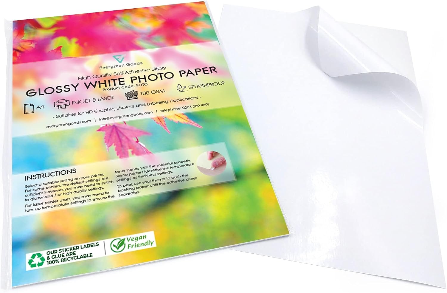 Evergreen Goods A4 Splashproof Self-Adhesive Sticker Paper | 100 Sheets