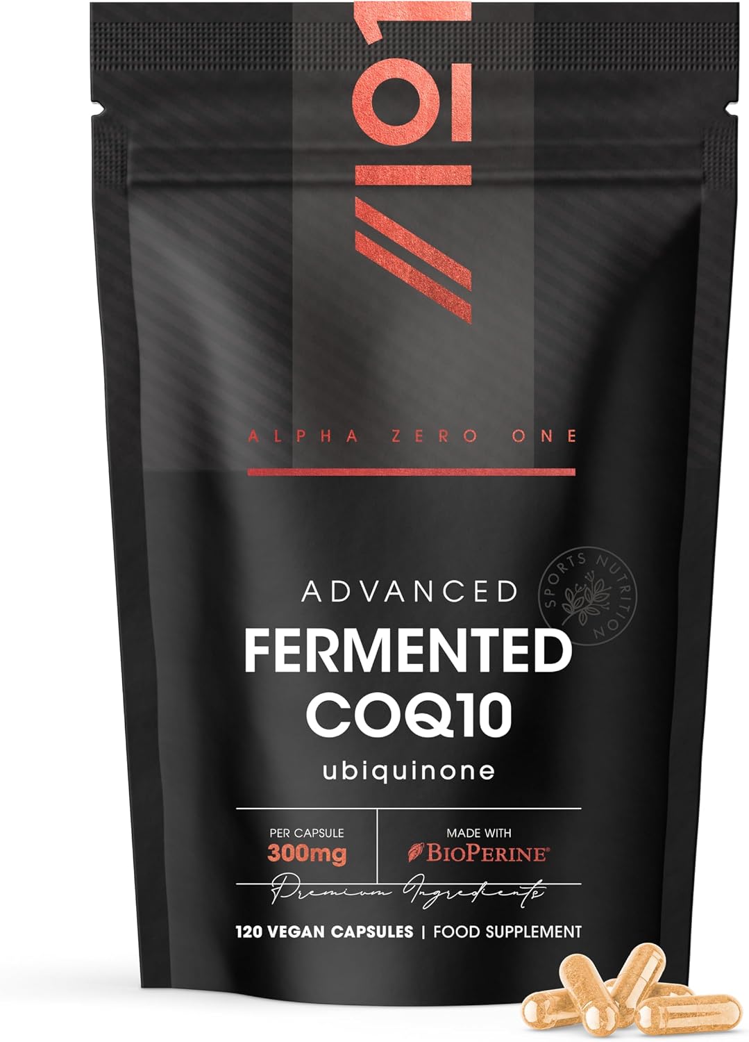 Fermented CoQ10 300mg – 120 Vegan Capsules – USP Grade Ubiquinone with BioPerine® Enhanced Absorption – Naturally Fermented Co Enzyme Q10 – by Alpha01