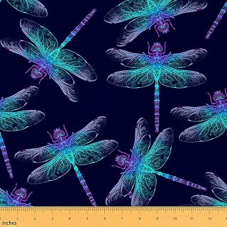Feelyou Dragonfly Upholstery Fabric, Ornamental Dragonfly Printed Fabric by The Yard, Luxury Fly Animal Decorative Fabric for Upholstery and Home DIY Projects, Outdoor Fabric, 1 Yard, Purple Teal