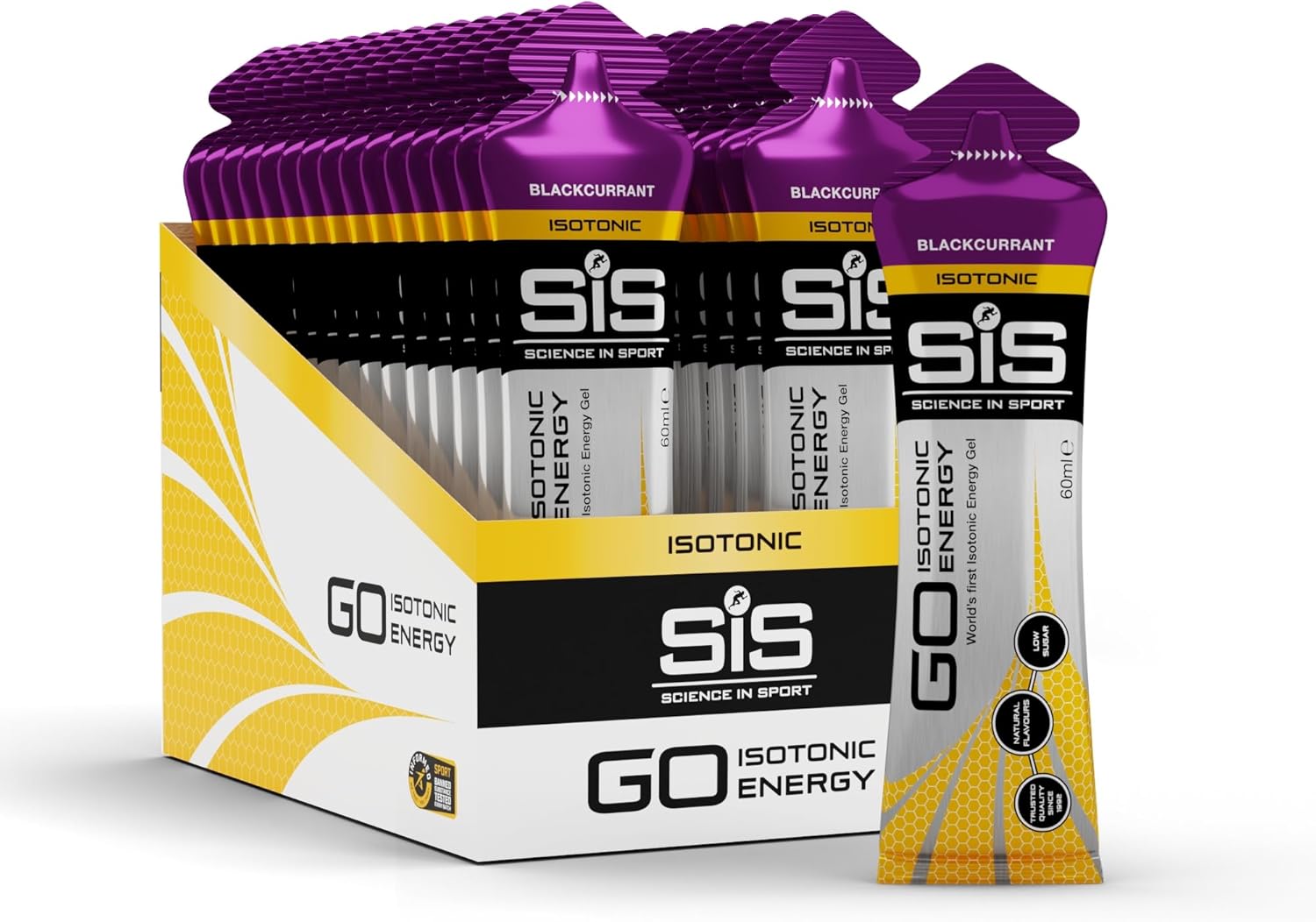 Science In Sport GO Isotonic Energy Gels, Running Gels with 22 g Carbohydrates, Low Sugar, Blackcurrant Flavour, 60 ml Per Serving (30 Pack)