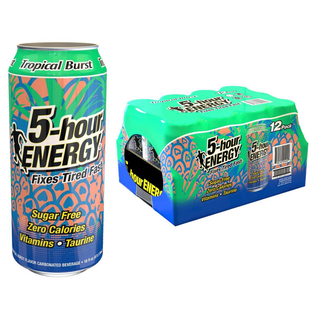 5-hour ENERGY Extra Strength Energy Drink | Tropical Burst Flavor 16 oz. Cans 12 Count Sugar-Free & Zero Calories Vitamins Amino Acids Contains Carbonation 230mg of Caffeine 192 ounces (16 Fl Oz (Pack of 12), Tropical Burst)