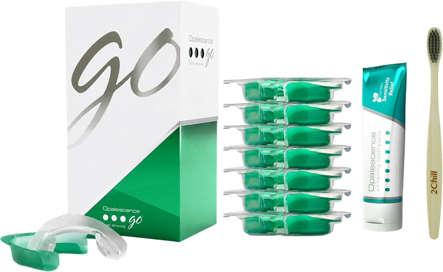 Opalescence GO 15 Whitening Bundle - (7 Treatments) Hydrogen Peroxide Prefilled Teeth Whitening Trays and Travel Sensitive Whitening Toothpaste 1 Oz - Mint Flavor- Includes a Toothbrush - 6288-1T
