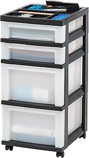 IRIS USA Plastic Drawer Storage Organizer Rolling Cart, with Wheels Casters, 4-Drawers, for Classroom Art Craft Supplies Dresser Closet Bathroom Bedroom, Top Organizer for Small Parts, Black/Pearl
