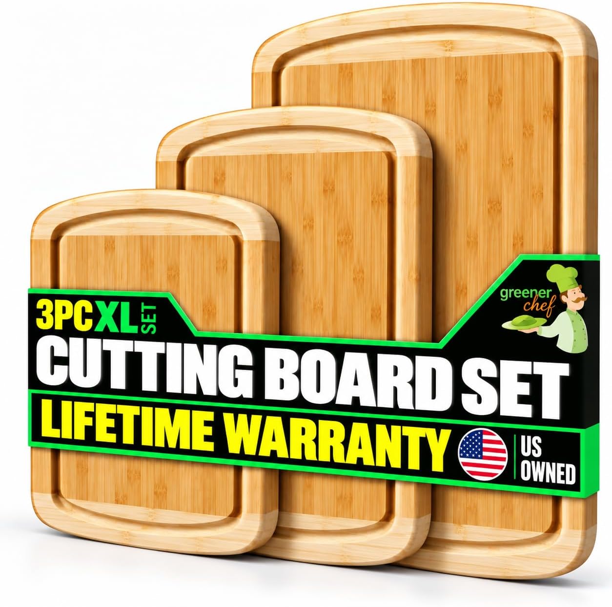 Greener Chef Extra Large Bamboo Cutting Board Set of 3 with Vertical Grain Strength Technology - XL Wood Cutting Boards for Kitchen and Lightweight Chopping Board Set - Replacements for Life