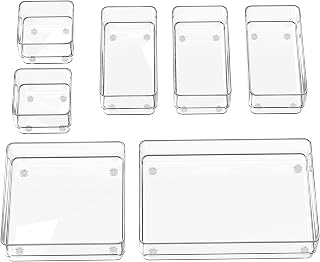 SMARTAKE 7-Piece Drawer Organizer with Non-Slip Silicone Pads, 4-Size Desk Drawer Organizer Trays Storage Tray for Makeup, Jewelries, Utensils in Bedroom Dresser, Office and Kitchen (Clear)