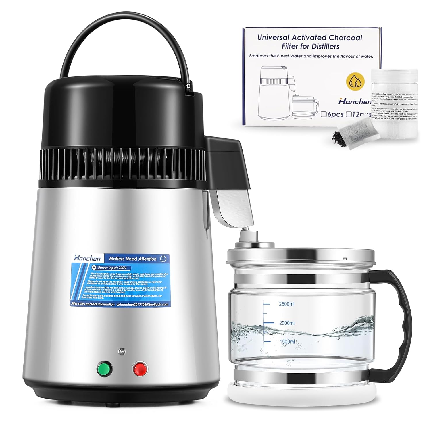 Hanchen Water Distiller 304 Stainless Steel 750W Distilled Water Machine Double Button Design 4L/1gal Water Purifier for Home Use with Distiller Cleaner and Carbon Filter