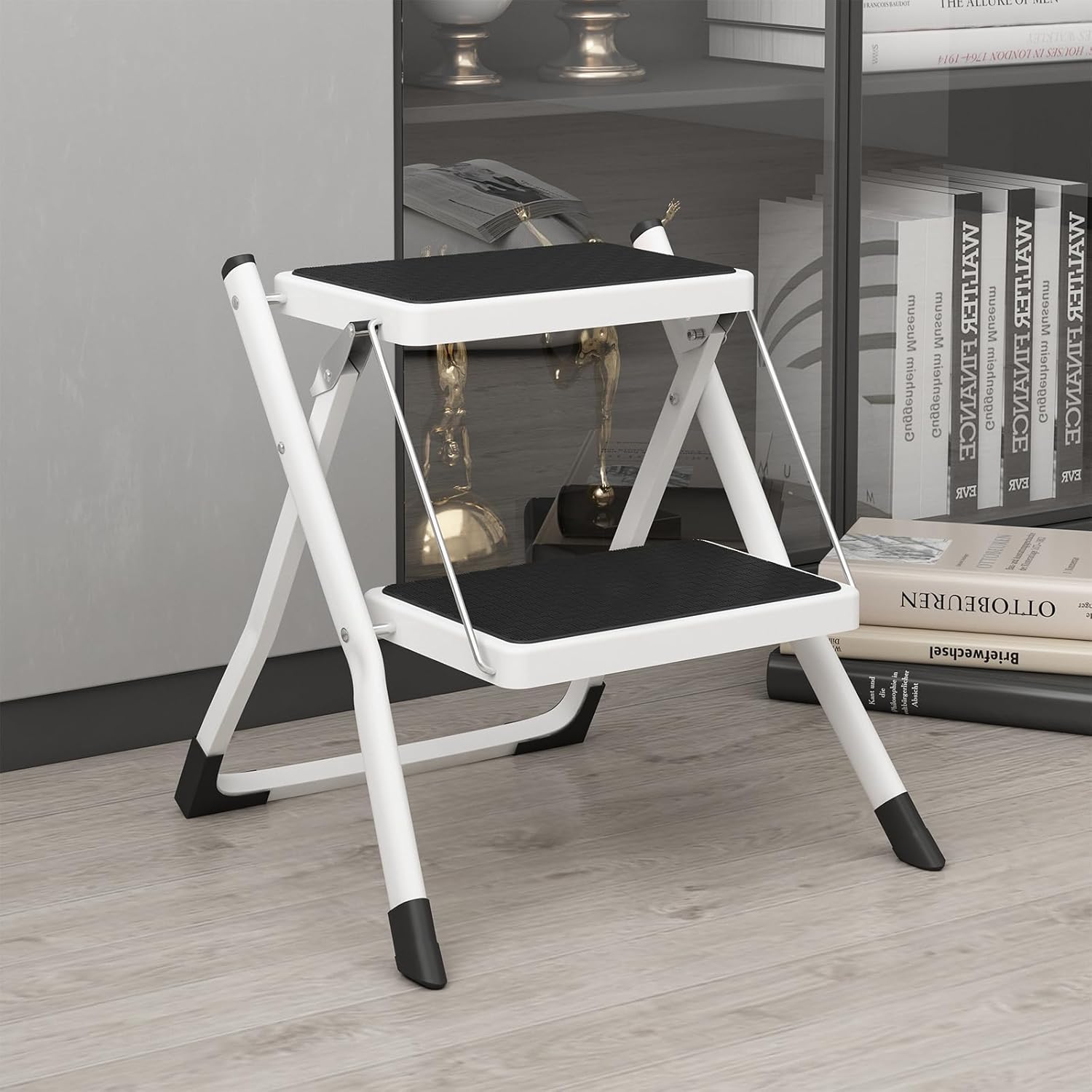 Folding 2 Step Stools Portable Heavy Duty Metal Step Ladder with Anti-Slip Base and Wide Pedal Lightweight Foot Step Stool for Beds Kitchen Pantry Office Travel Adults Kids Dog 330 lbs White