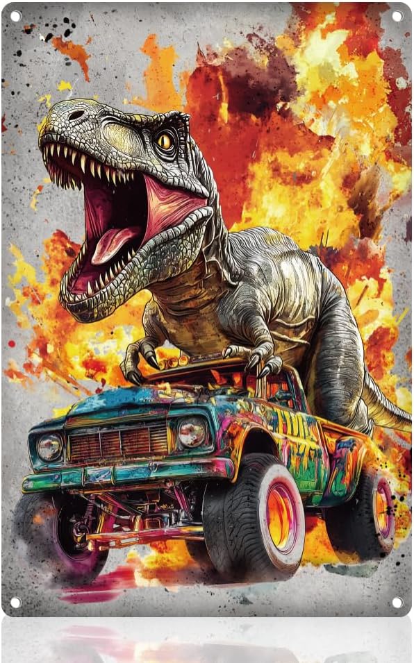 DOODLREAM Dinosaur Car Retro Wall Decor Metal Tin Sign 20x30cm Fire Roaring Dinosaur Truck Vintage Wall Art Poster for Home Coffee Cafes Bathroom Playroom Man Cave Office Clubs Decor Gift