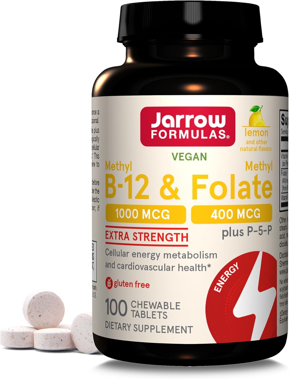 Jarrow Formulas Methyl B-12 1000 MCG and Methyl Folate 400 MCG, Extra Strength, Cellular Energy Metabolism and Cardiovascular Health Formula(1) With P-5-P, 100 Chewable Tablets, Up to a 100 Day Supply