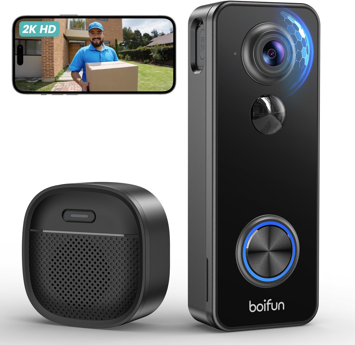 BOIFUN 2K Head-to-Toe 180° View Doorbell Camera Wireless, No Subscription, Smart AI Detection, Live View with Two-Way Talk Door Bell Camera, Battery Video Doorbell, 2.4G WiFi Only