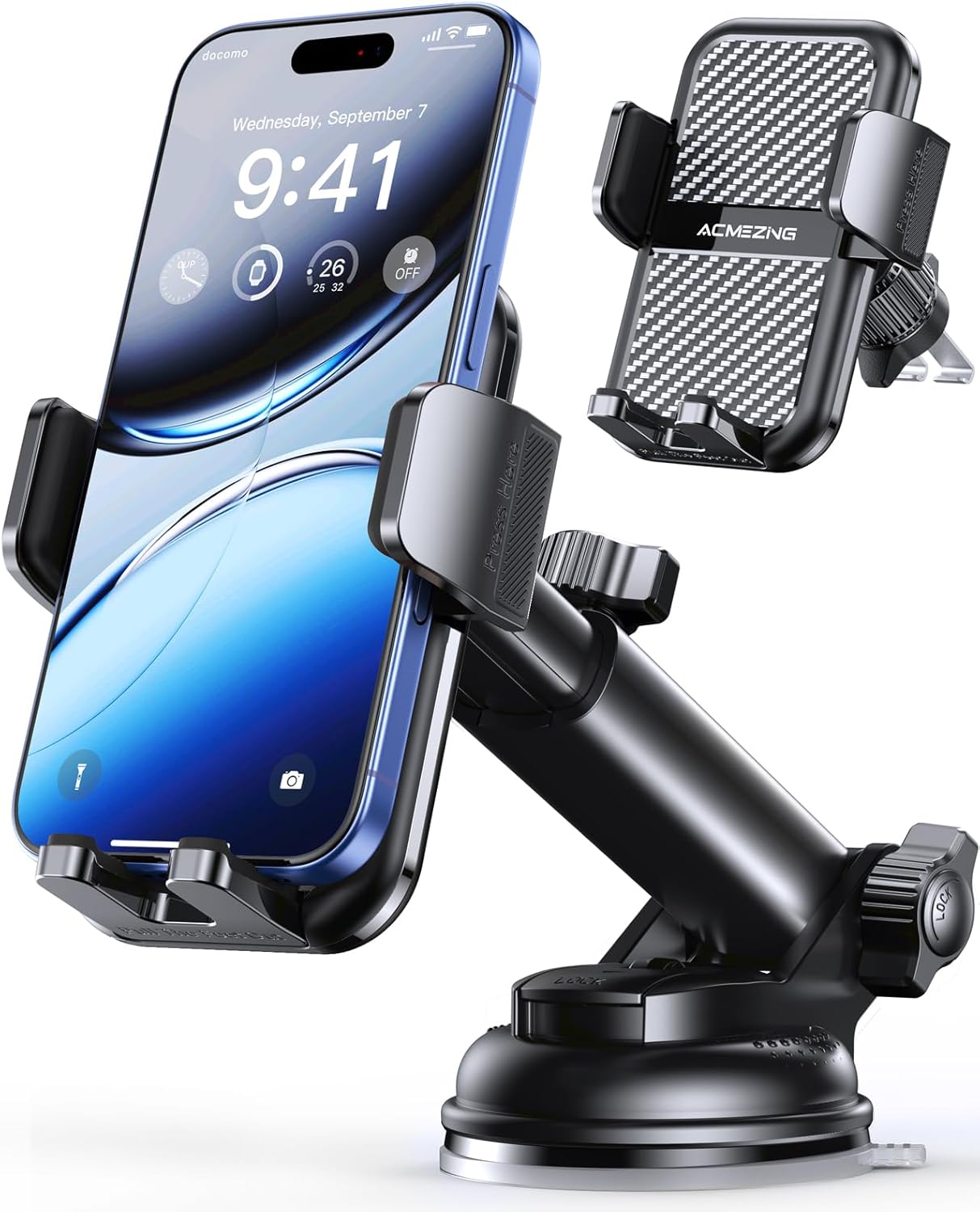 3-in-1 Car Phone Holder [122+LBS Strongest Suction & Stable Clamp Arm] 360° Adjustable Car Phone Mount, Cell Phone Holders for Your Car for Dashboard Vent, All Smartphones & Car Models (Black)