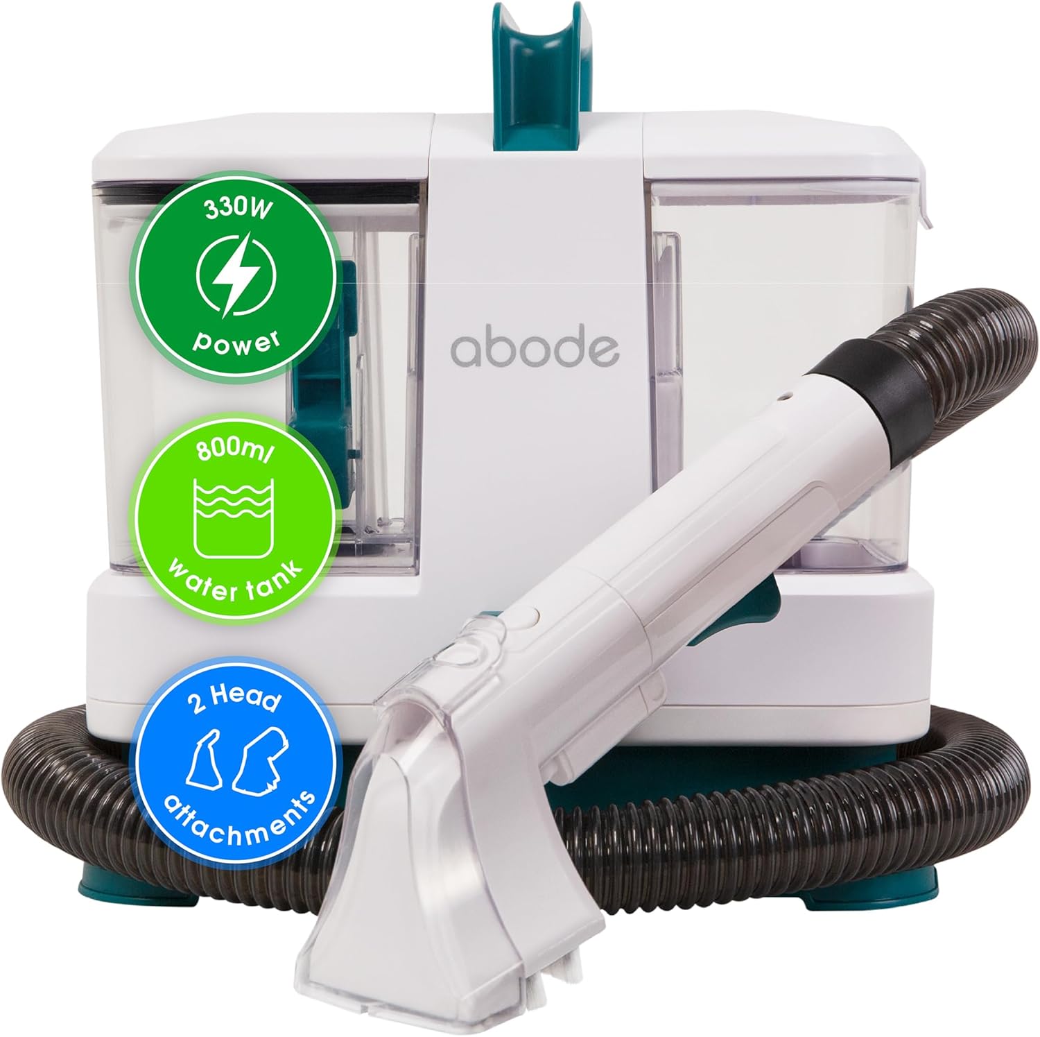Abode Compact & Lightweight Spot Cleaner Carpet Washer 800ml Water Tank Stain Remover, Cleans Spills from Carpets, Stairs, Upholstery & Car Seats, 330W Power, 2x Attachments, White/Blue ASC24C