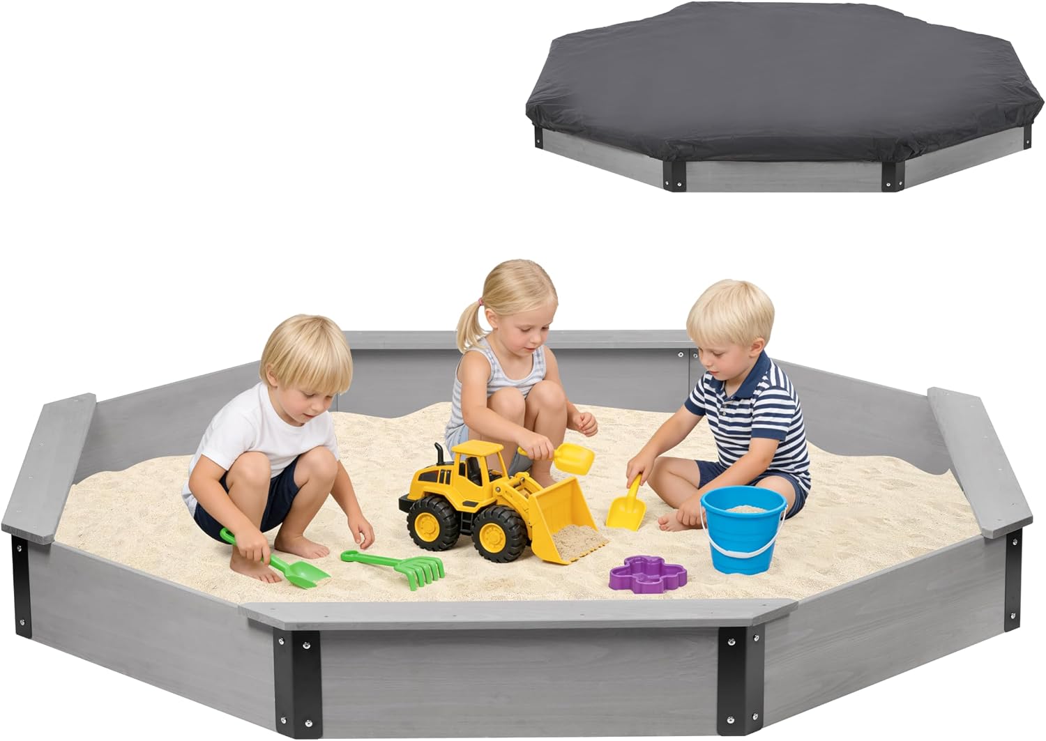 85''x78''x9'' Octagon Sandbox with Cover for Kids Outdoor Play, Wood Large Sandpit with 4 Benches, Quick Easy Install, US. Patented