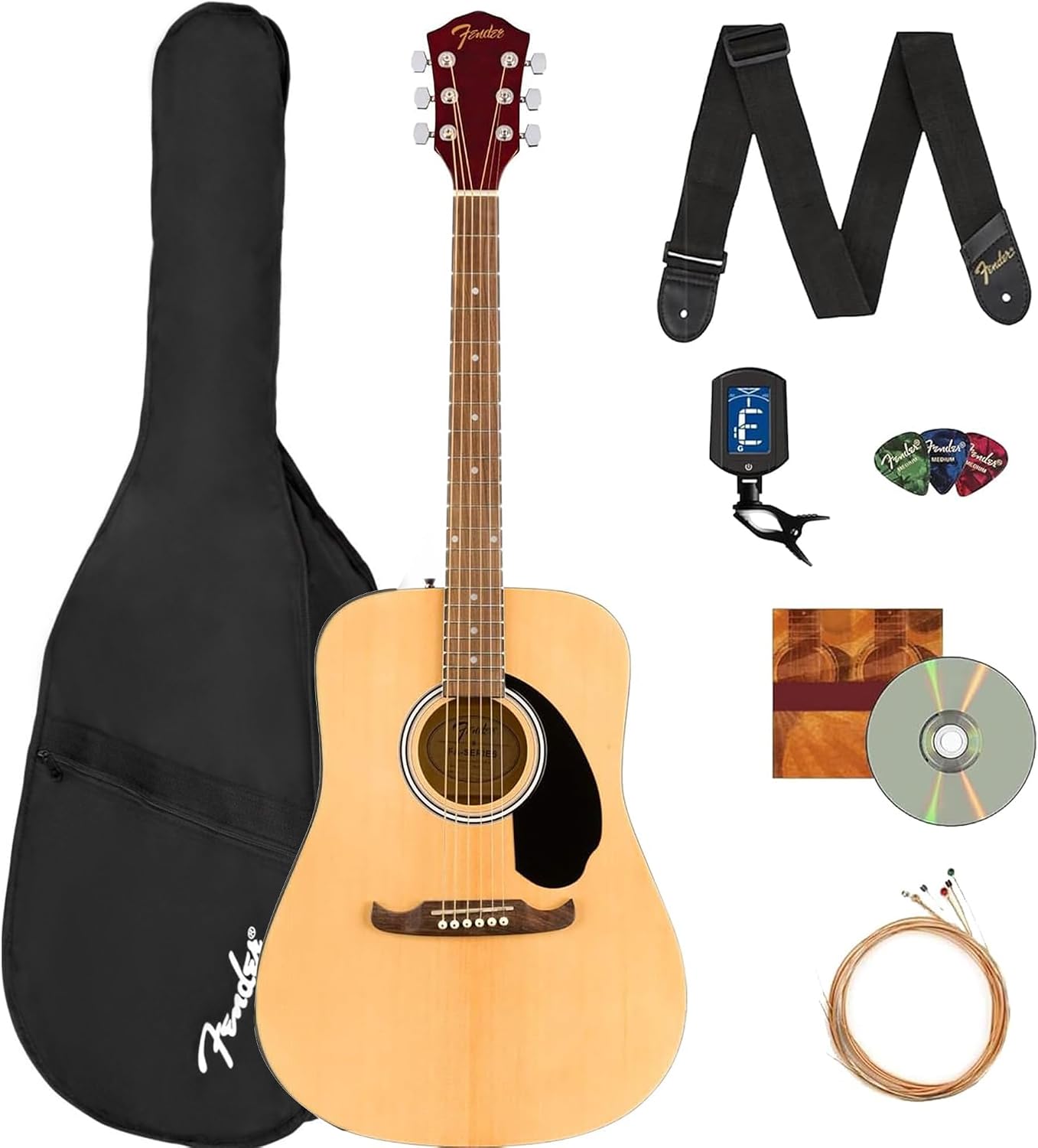 Fender FA-125 Dreadnought Acoustic Guitar - Natural Bundle with Gig Bag, Tuner, Strap, Strings, Picks, and Austin Bazaar Instructional DVD