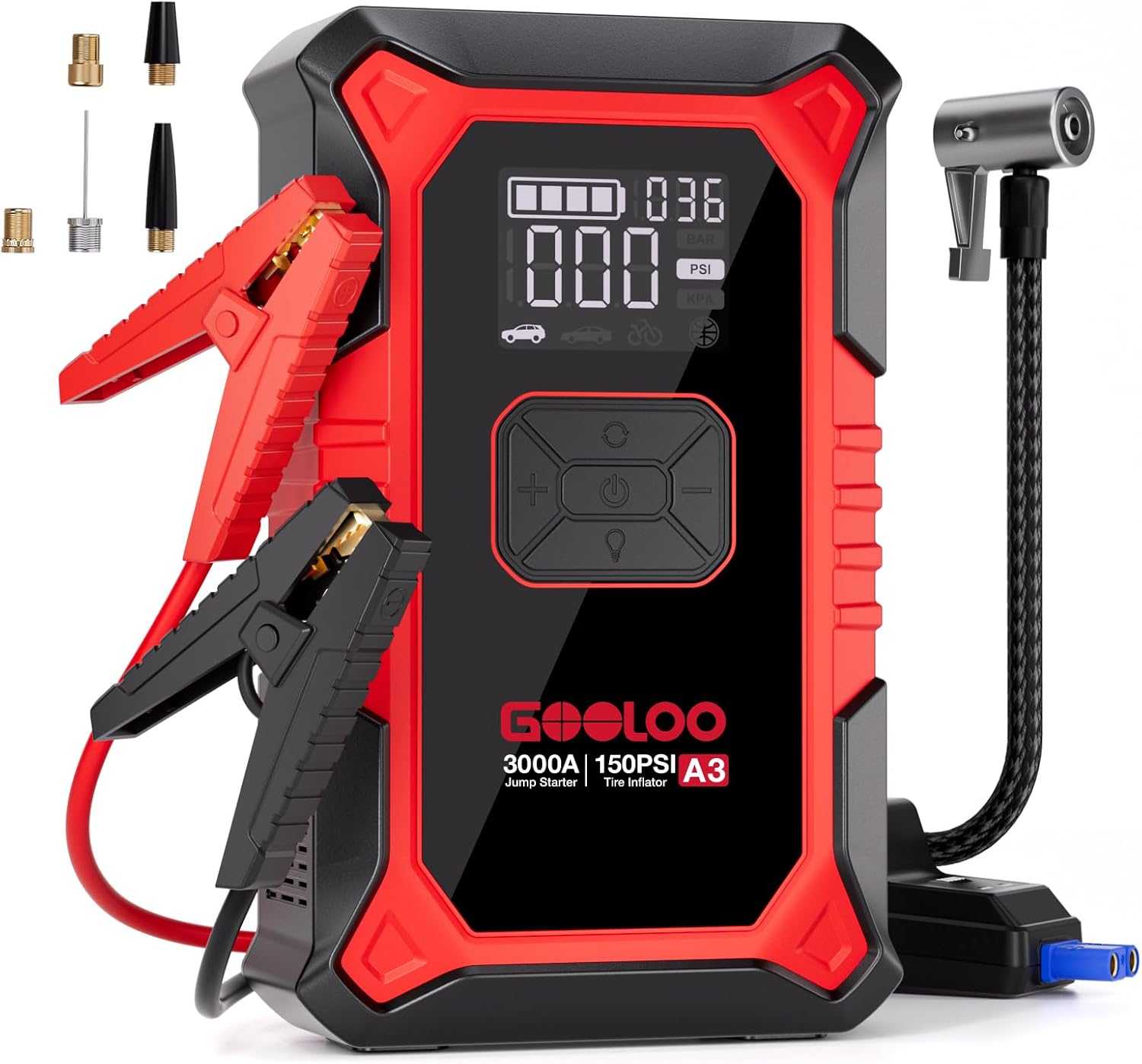 GOOLOO A3 Jump Starter with Air Compressor, 3000A Portable Car Battery Booster (9.0 Gas/6.5L Diesel) with 150PSI Auto-Shutoff Tire Inflator, 12V Lithium Jump Box Car Battery Jumper Starter